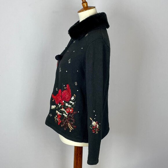Vtg Tiara International Cardinals Cardigan Sz S Black Bead Embroidered Christmas - Picture 5 of 7
